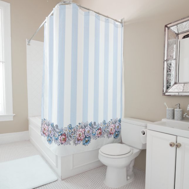 Pretty Pink & Blue Flowers & Stripes Shower Curtain (In Situ)