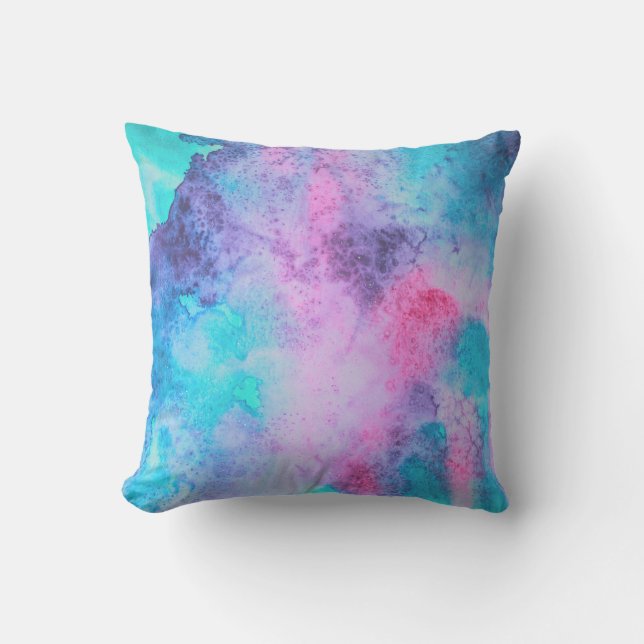 Pretty Pink Blue Purple Salty Watercolor Art Cushion (Front)