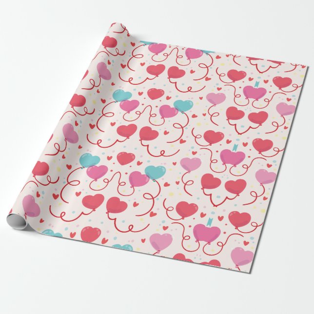 Pretty Pink Blue Red Hearts Pattern  Wrapping Paper (Unrolled)