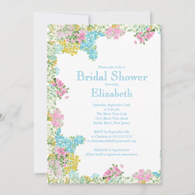 Pretty Pink Blue Watercolor Flowers Bridal Shower Invitation (Front)
