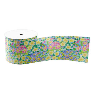 Pretty Pink, Blue, Yellow Primroses 3-inch Ribbon Grosgrain Ribbon