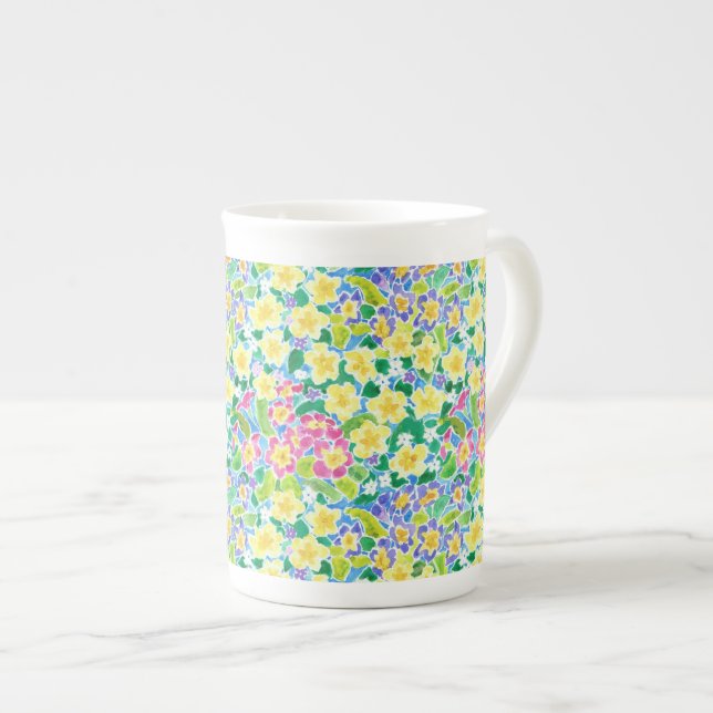 Pretty Pink, Blue, Yellow Primroses Bone China Mug (Front Right)