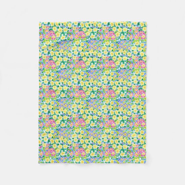 Pretty Pink, Blue, Yellow Primroses Fleece Blanket (Front)