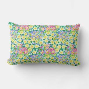 Pretty Pink, Blue, Yellow Primroses Lumbar Pillow