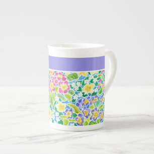 Pretty Pink, Blue, Yellow Primroses Pattern Bone China Mug