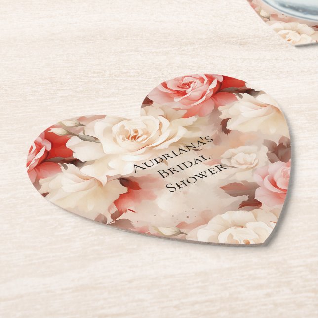 Pretty Pink Blush Cream Floral Bridal Shower Paper Coaster (Angled)