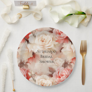 Pretty Pink Blush Cream Floral Bridal Shower Paper Plate