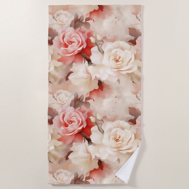 Pretty Pink Blush Cream Rose Floral Beach Towel (Front)
