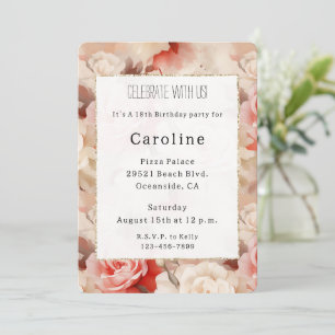 Pretty Pink Blush Cream Rose Floral Birthday   Invitation