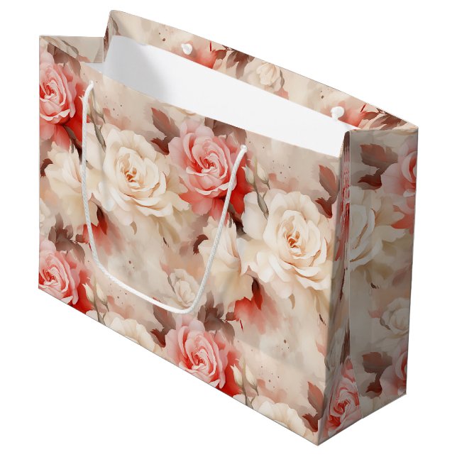 Pretty Pink Blush Cream Rose Floral Bridal Shower Large Gift Bag (Front Angled)