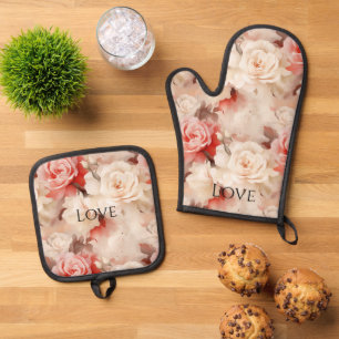 Pretty Pink Blush Cream Rose Floral Oven Mitt & Pot Holder Set