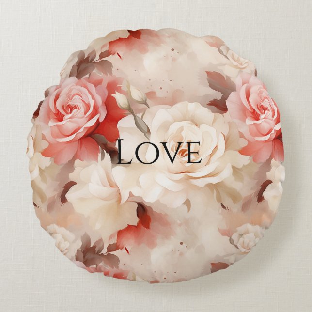 Pretty Pink Blush Cream Rose Floral Round Cushion (Front)