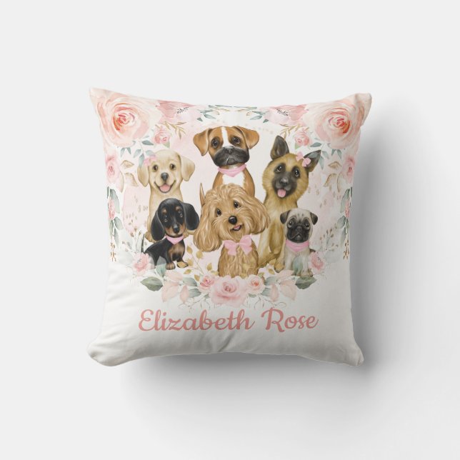 Pretty Pink Blush Floral Puppy Dogs Baby Girl Cushion (Front)