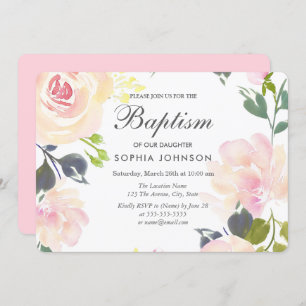 Pretty Pink Blush Flowers Baby Girl Baptism Invite