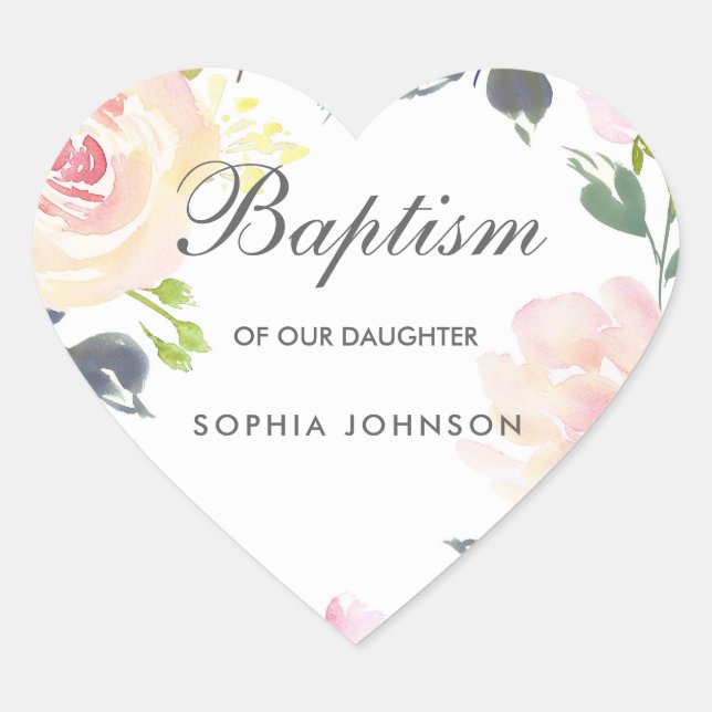 Pretty Pink Blush Flowers Baby Girl Baptism Invite Heart Sticker (Front)