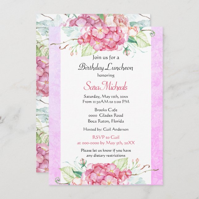 Pretty Pink Botanical Birthday Luncheon  Invitation (Front/Back)