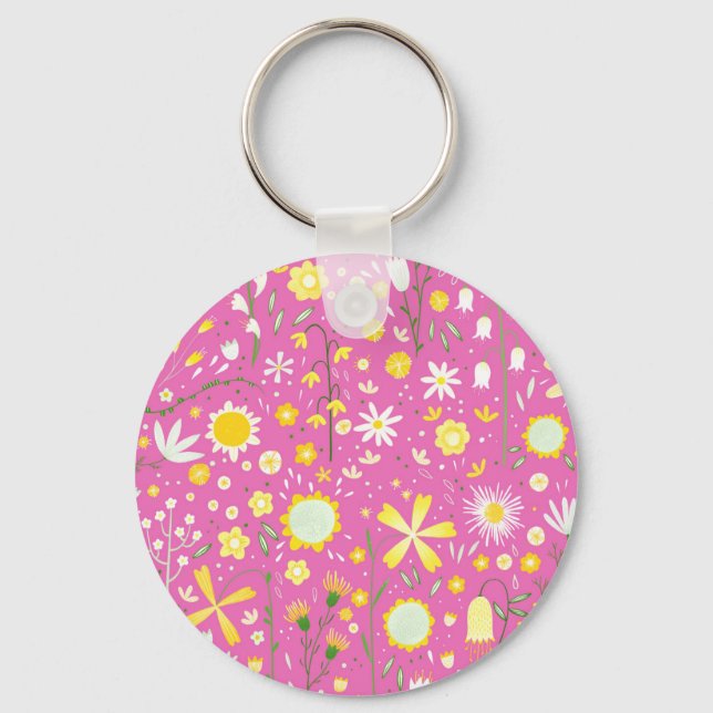 Pretty Pink Botanical Wildflower Floral Keychain (Front)