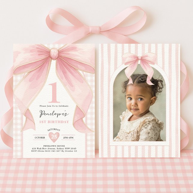 Pretty Pink Bow Coquette Ribbon Girl 1st Birthday Invitation (Creator Uploaded)