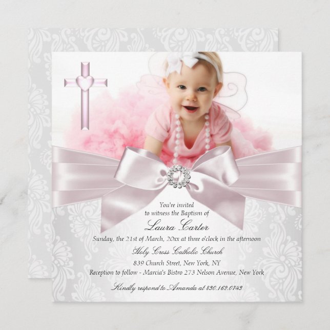 Pretty Pink Bow Cross Photo Baptism/Christening Invitation (Front/Back)