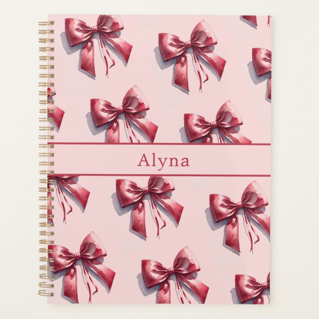 Pretty Pink Bow Custom Name Notebook Planner (Front)