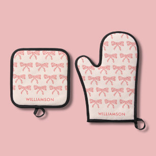 Pretty pink bow oven mitt & pot holder set