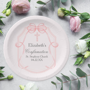 Pretty Pink Bow Ribbon Confirmation Party Custom Paper Plate