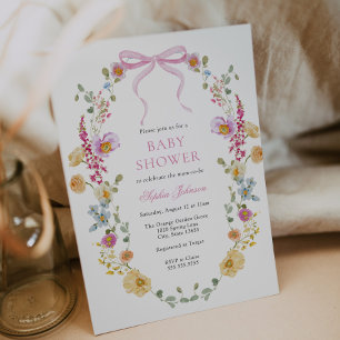 Pretty Pink Bow Wildflower Baby Shower Invitation