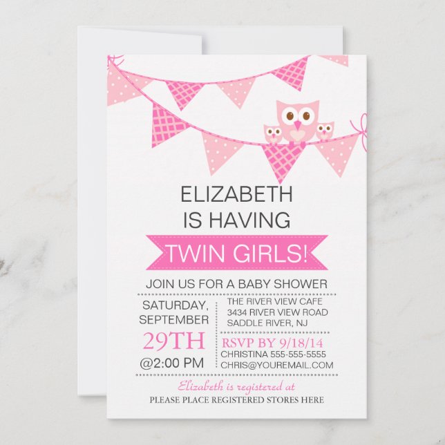 Pretty Pink Bunting Owl TWIN GIRLS Baby Shower Invitation (Front)