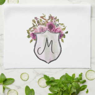 Pretty Pink Burgundy Amour Floral Monogram Tea Towel