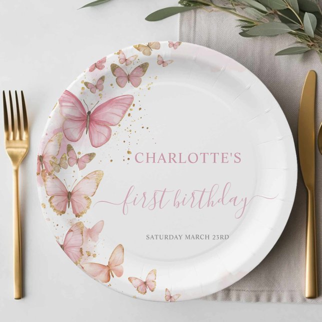 Pretty Pink Butterflies 1st 2nd 3rd 5th Birthday Paper Plate (Creator Uploaded)