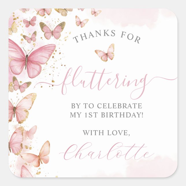 Pretty Pink Butterflies 1st 2nd 3rd Birthday Favou Square Sticker (Front)