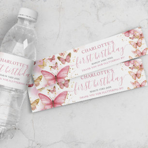 Pretty Pink Butterflies 1st Birthday Sweet 16 XV Water Bottle Label