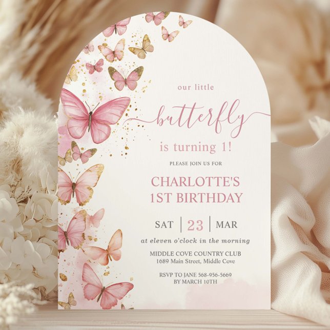 Pretty Pink Butterflies 1st First Birthday Arch Invitation (Creator Uploaded)