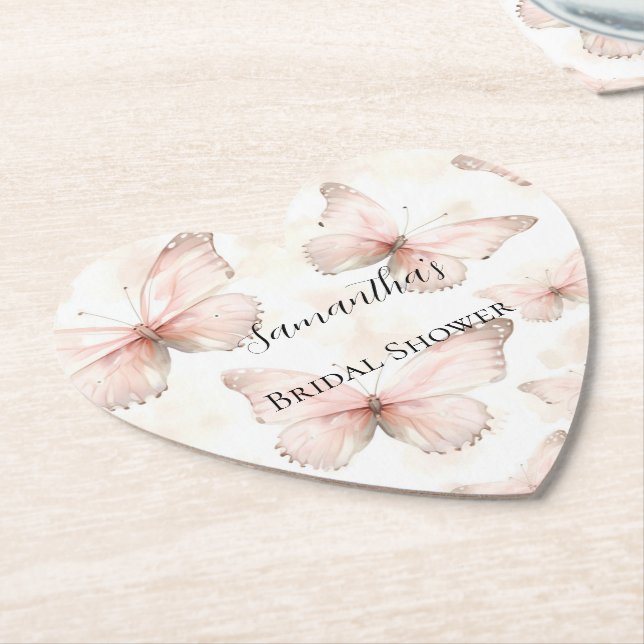 Pretty Pink Butterflies Bridal Shower Paper Coaster (Angled)