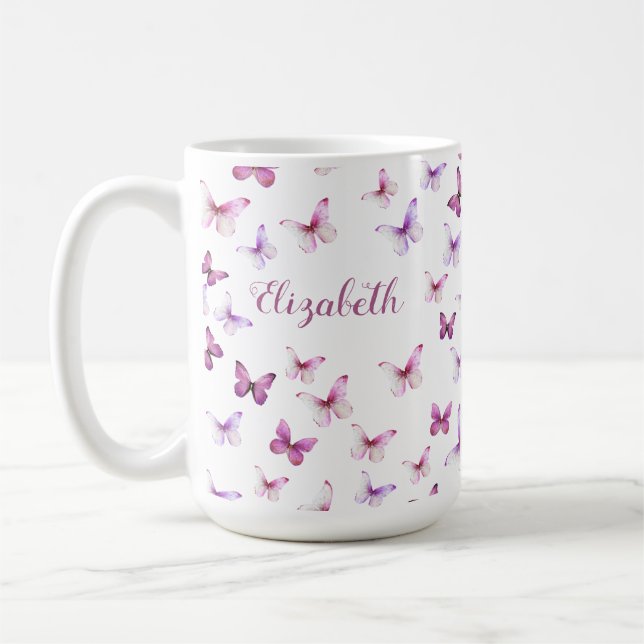 Pretty Pink Butterflies Custom Name Coffee Mug (Left)