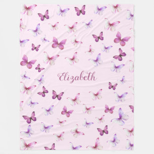 Pretty Pink Butterflies Custom Name Girl Fleece Blanket