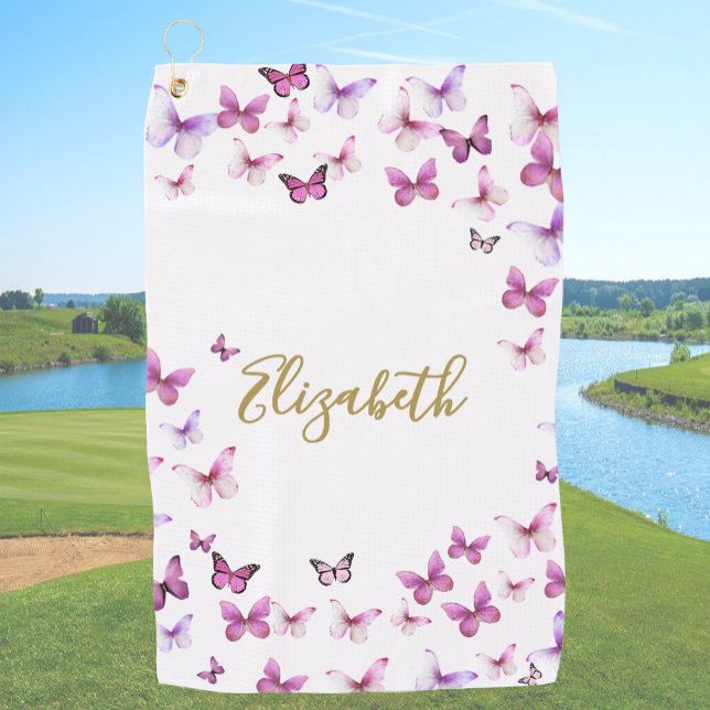 Pretty Pink Butterflies Custom Name Golf Towel (Creator Uploaded)