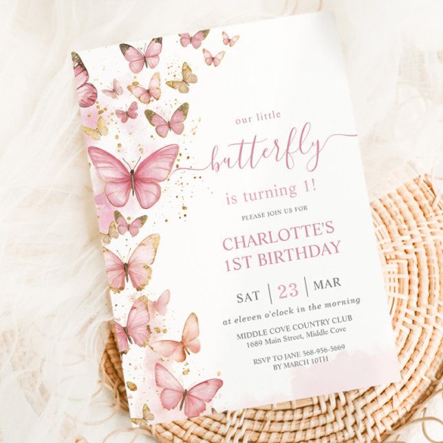 Pretty Pink Butterflies Girl 1st First Birthday  Invitation (Creator Uploaded)