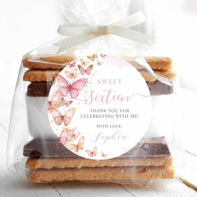 Pretty Pink Butterflies Sweet 16 Quinceanera XV 15 Classic Round Sticker (Creator Uploaded)