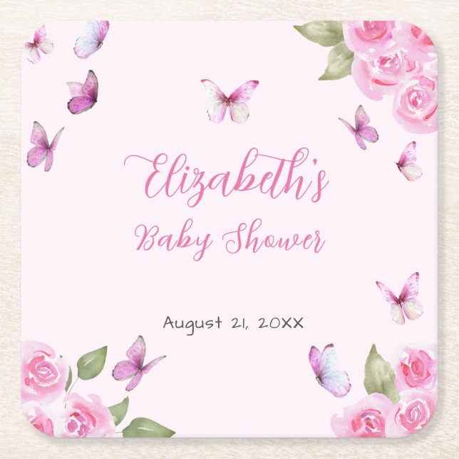 Pretty Pink Butterfly Baby Shower Coaster (Front)