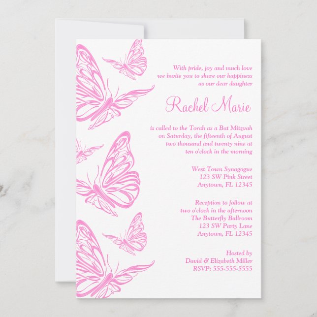 Pretty Pink Butterfly Bat Mitzvah Invitations (Front)