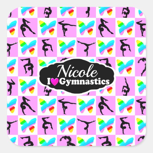 PRETTY PINK BUTTERFLY GYMNASTICS DESIGN SQUARE STICKER (Front)