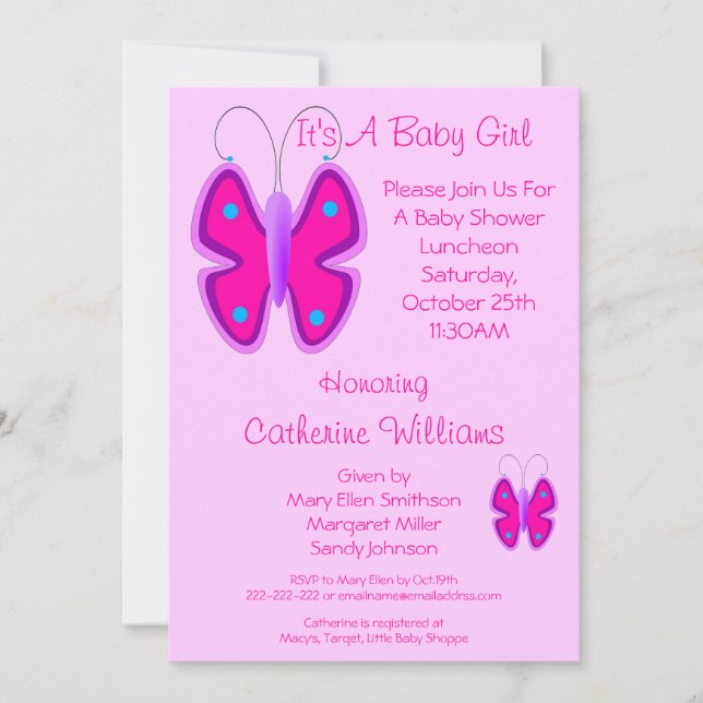 Pretty Pink Butterfly It's A Baby Girl Shower Invitation (Front)