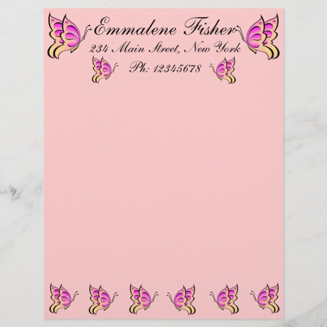 Pretty Pink Butterfly Letterhead Template (Front)