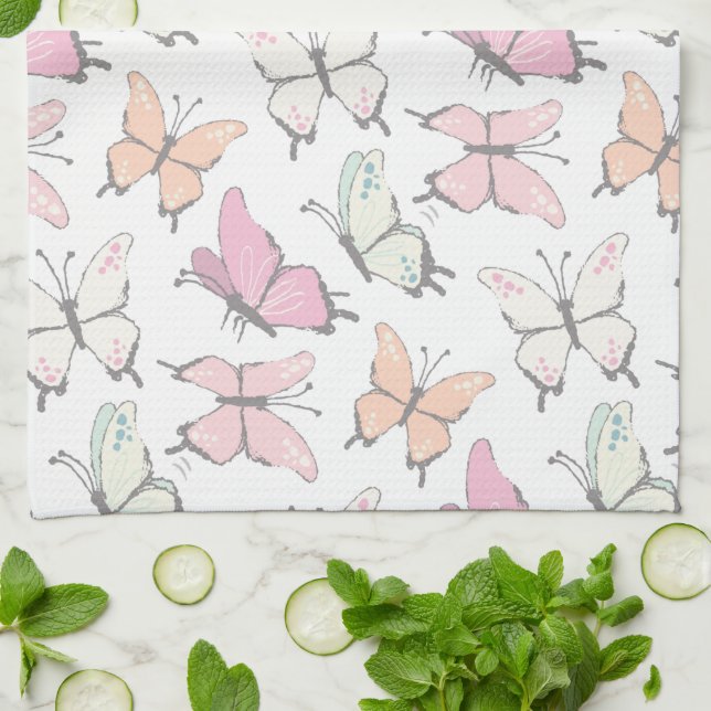 Pretty Pink Butterfly Pattern Tea Towel (Folded)