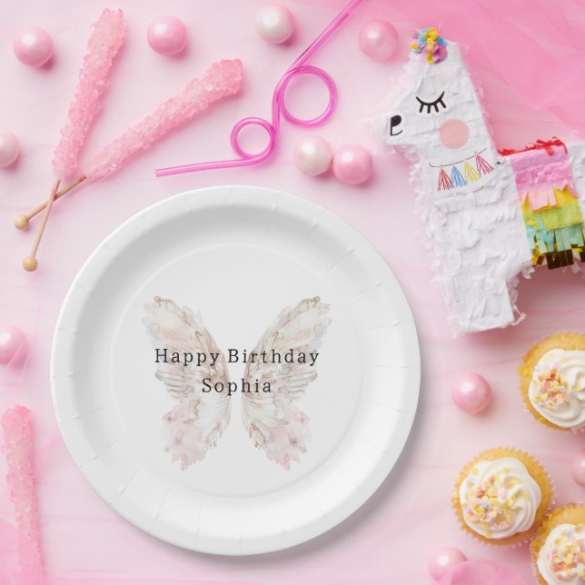 Pretty Pink Butterfly Wings Birthday Paper Plate (Party)