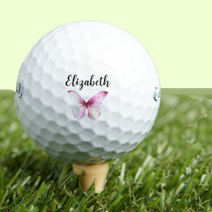 Pretty pink butterfly with custom name ladies golf balls