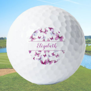 Pretty pink butterfly with custom name ladies golf balls