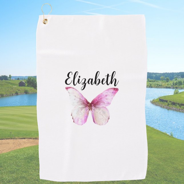 Pretty pink butterfly with custom name ladies golf towel (Creator Uploaded)