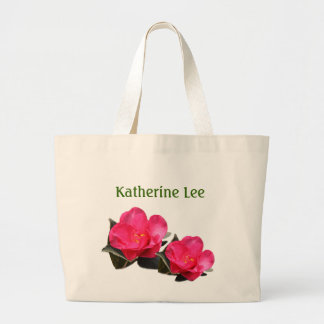 pretty pink camellia flower with name large tote bag